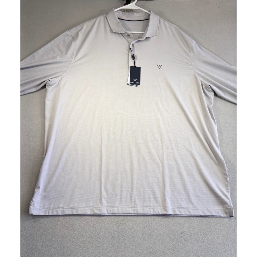 Maelreg Performance Polo Mens 2XL Grey White Striped Long Sleeve Golf Shirt NWT
